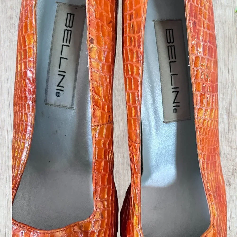 BELLINI Vintage 90s Orange Embossed Croc Print Square Toe Heels Womens 7.5